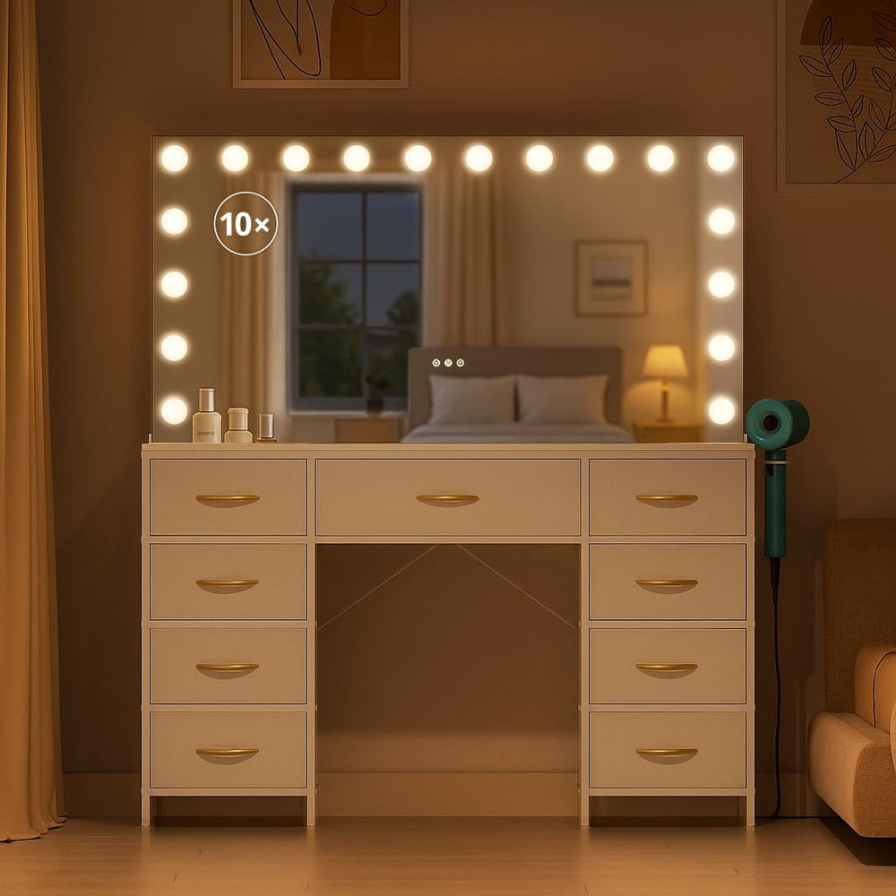 COMHOMA Vanity Desk with Large Mirror,15 LED Bulbs and Power Outlet,Makeup Ta...