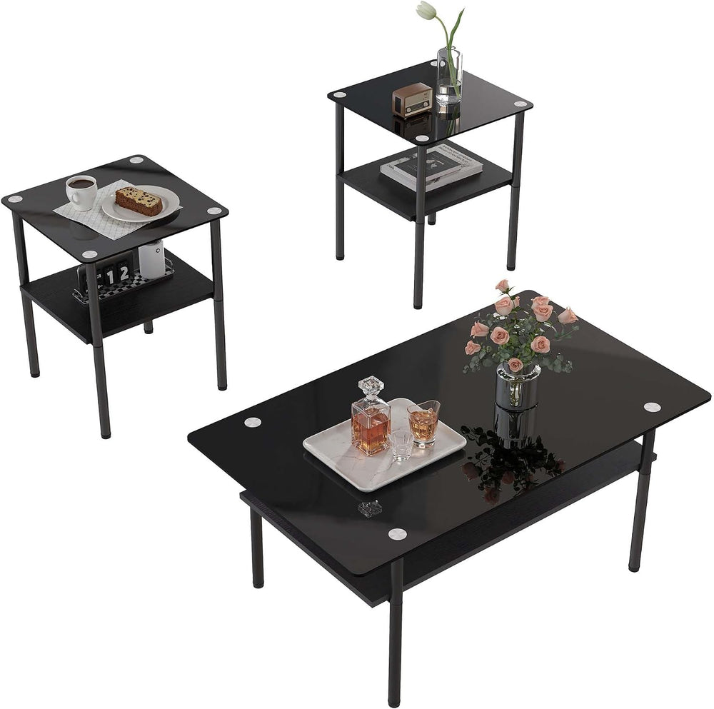 3 Piece Glass Coffee Table Set with 2-Tier Storage, Tempered Glass Living Roo...