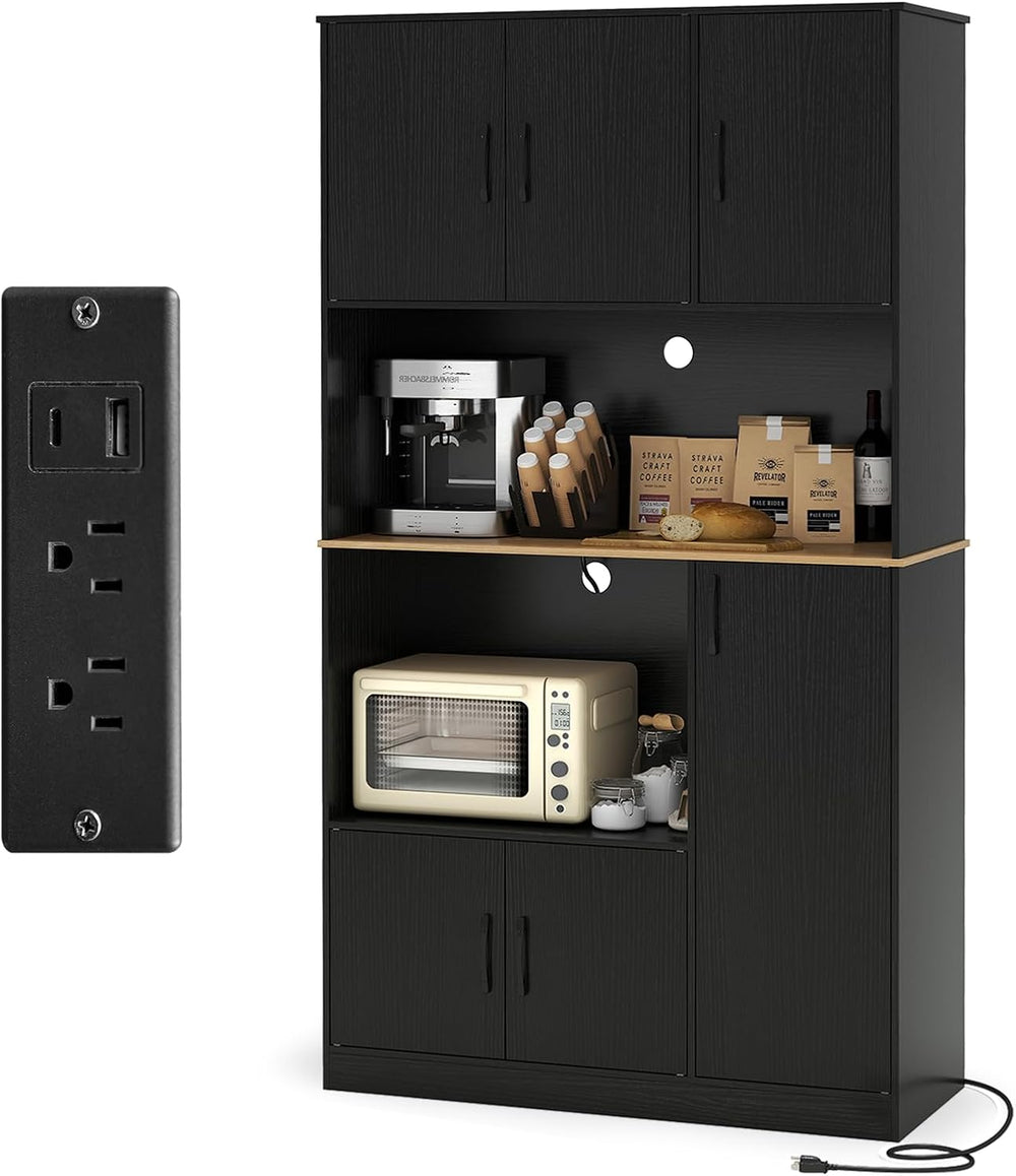 LOKO 71” Tall Kitchen Pantry Cabinet with Charging Station, Wooden Buffet Cup...