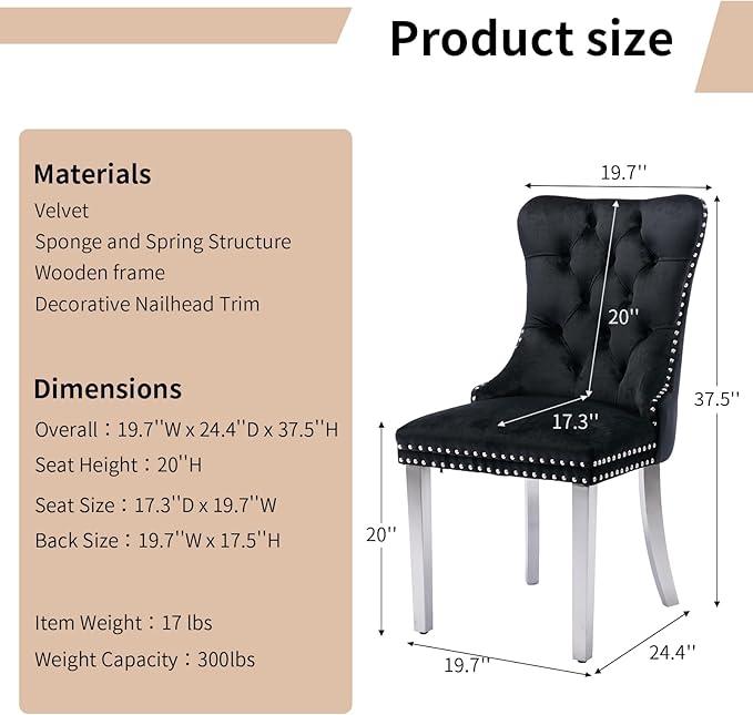 Luxury Upholstered Dining Chairs Set of 4, Black Kitchen Chair with Silver Me...