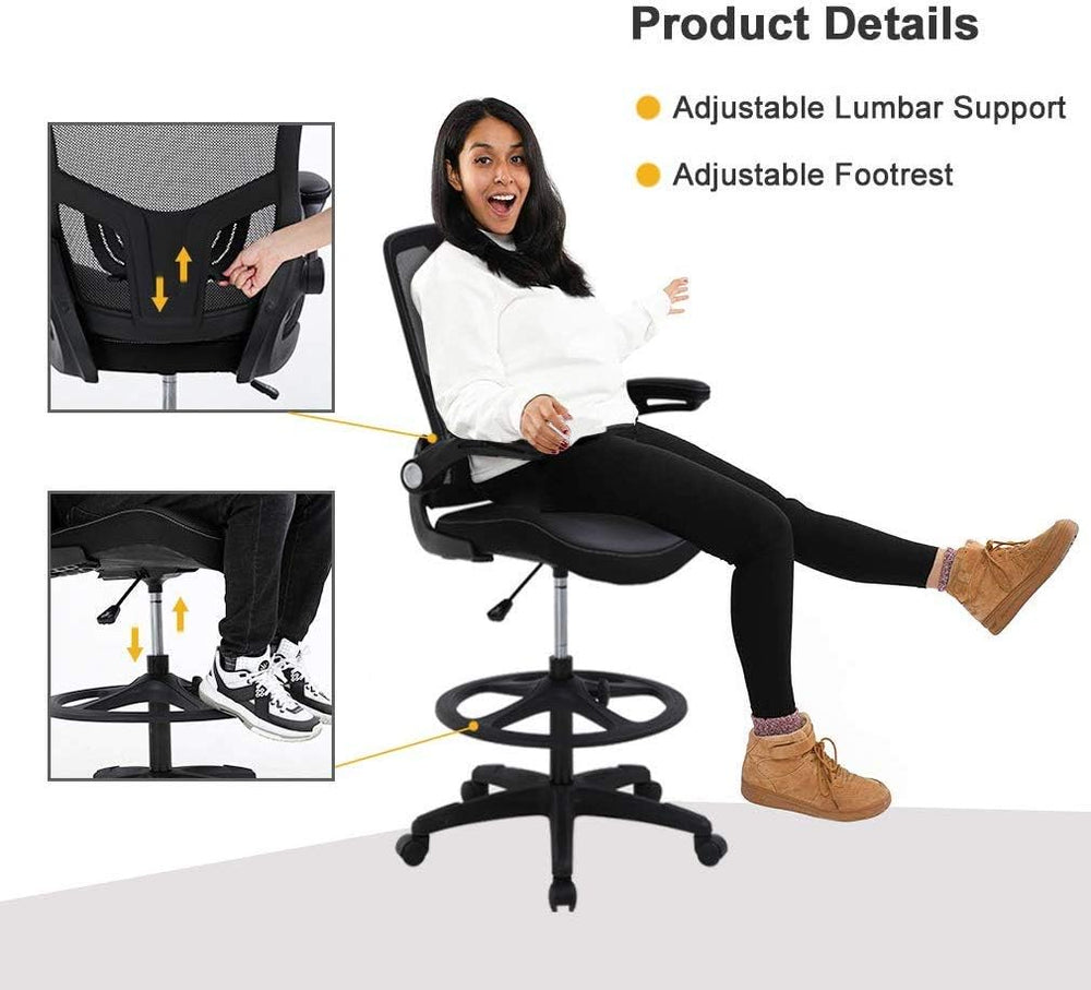 Drafting Chair Tall Office Chair with Lumbar Support Footrest Ring Flip Up Ar...