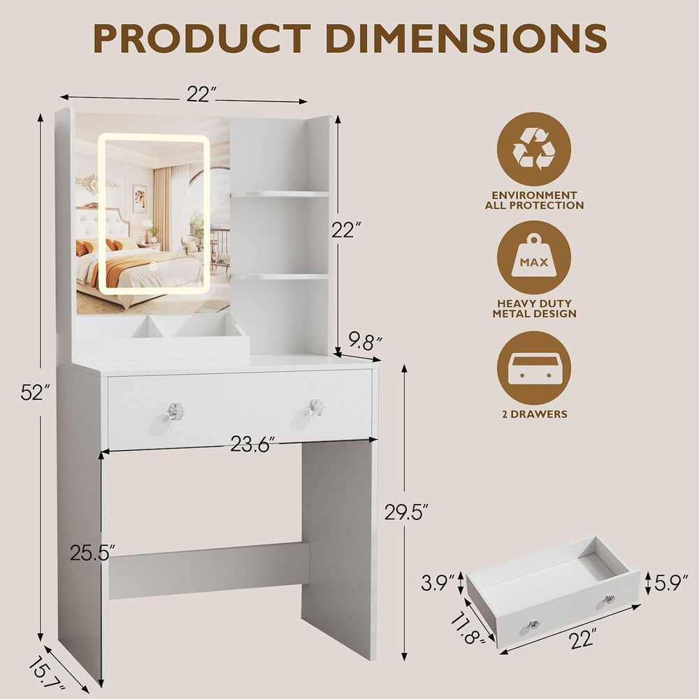 Korfile 24" White Small Vanity Desk with Lighted Mirror & Power Outl...