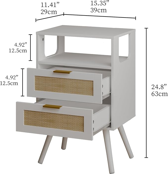 Rattan Nightstand,Farmhouse Bedside Table with 2 Storage Drawer and Open Wood...