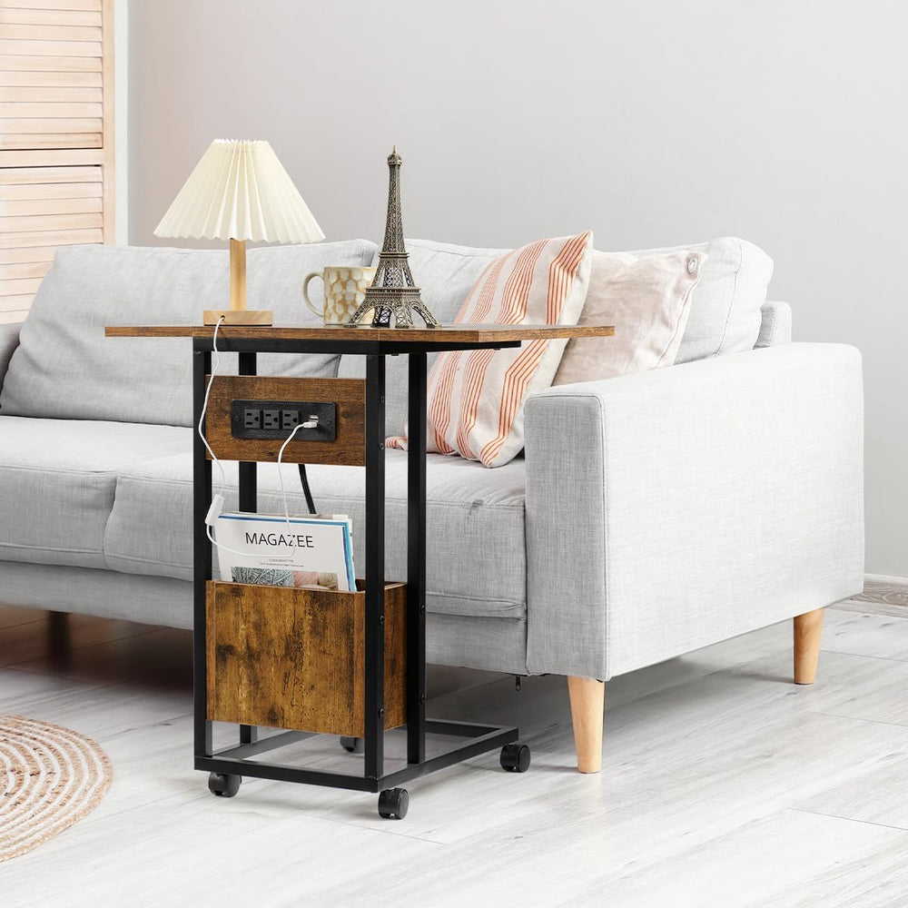 Hadulcet C Shaped End Table with Charging Station & Foldable Tabletop, Fo...