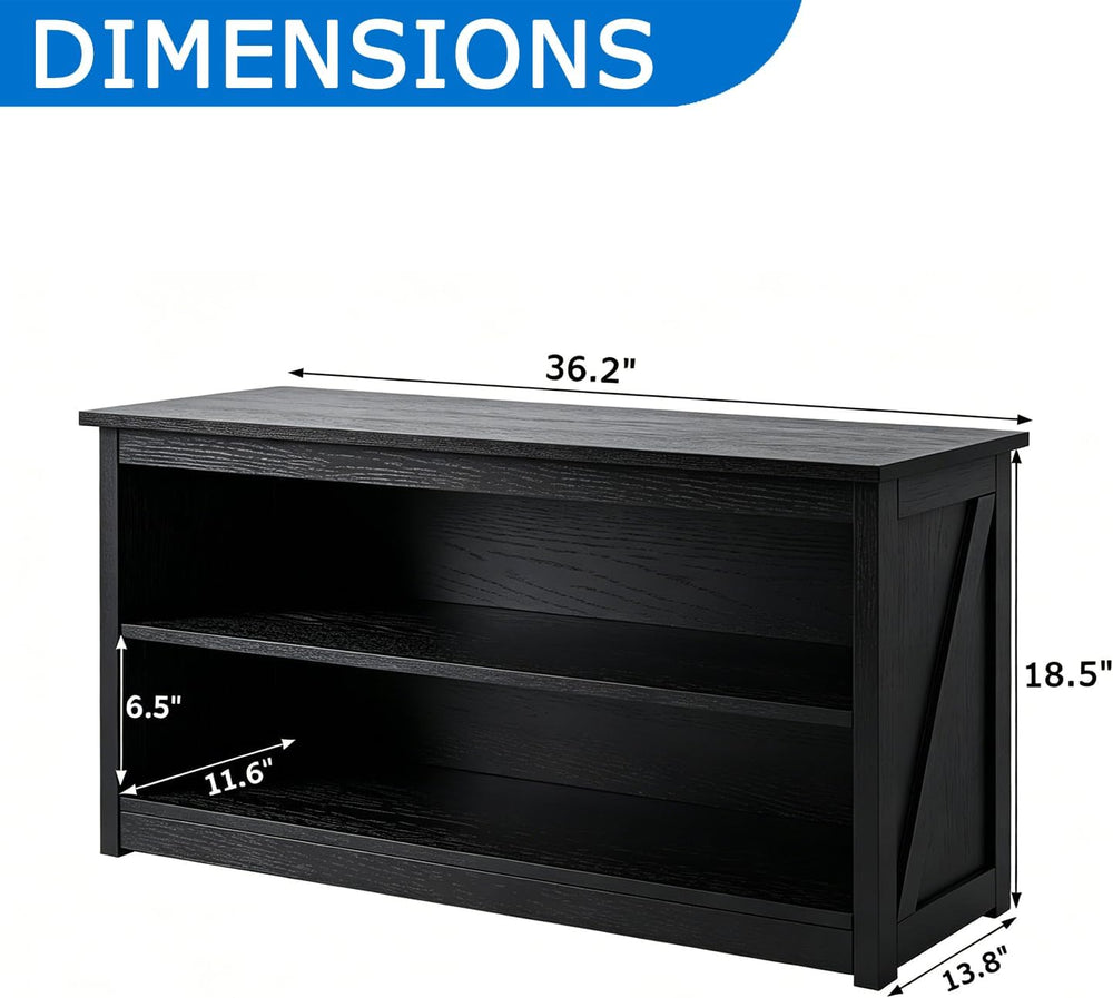 Farmhouse Storage Bench with 2-Tier Open Shelf, Shoe Bench with Cushion for E...