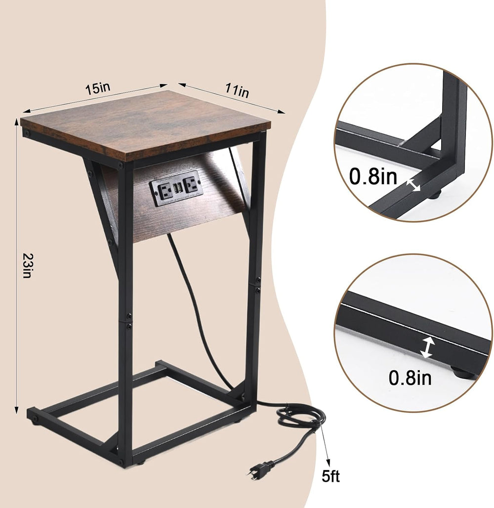 C-Shaped Side Table & End Table, Built-in Power Station (2 AC Outlets, 2 ...