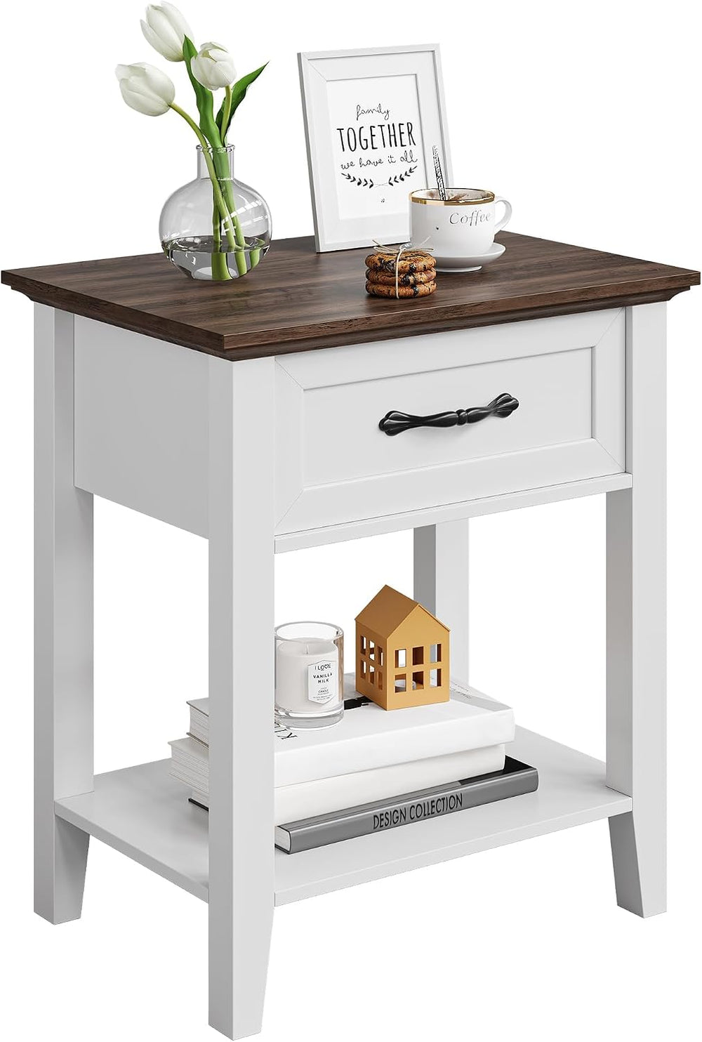 Side Table, Wood Coffee Table with Drawer Square Nightstand with Open Storage...