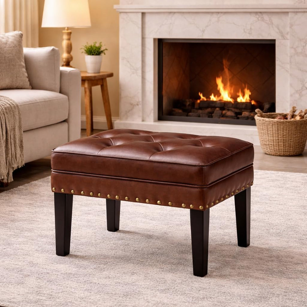 Glitzhome Faux Leather Foot Stool, Mid Century Modern Foot Stools Ottoman, Vi...
