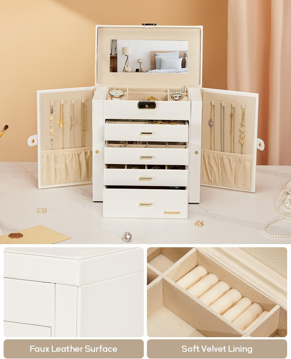 Homde Synthetic Leather Huge Jewelry Box Mirrored Watch Organizer Necklace Ri...