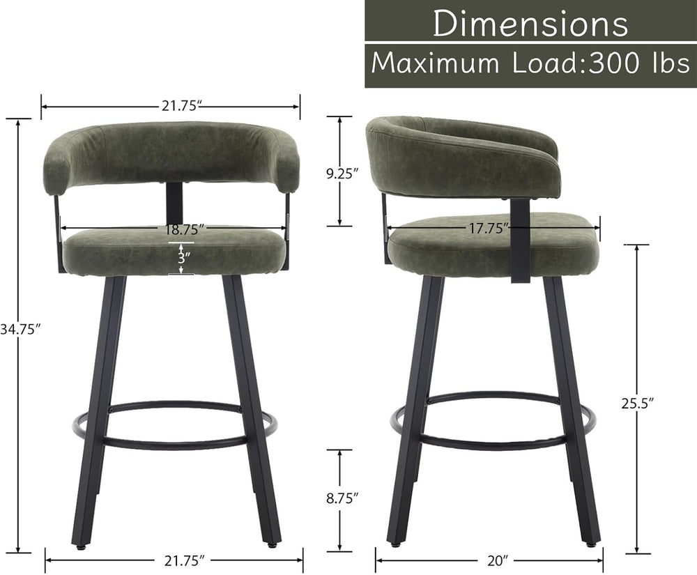 Shunzhi Modern Green Counter Height Bar Stools Set of 2 Leather Barstools wit...