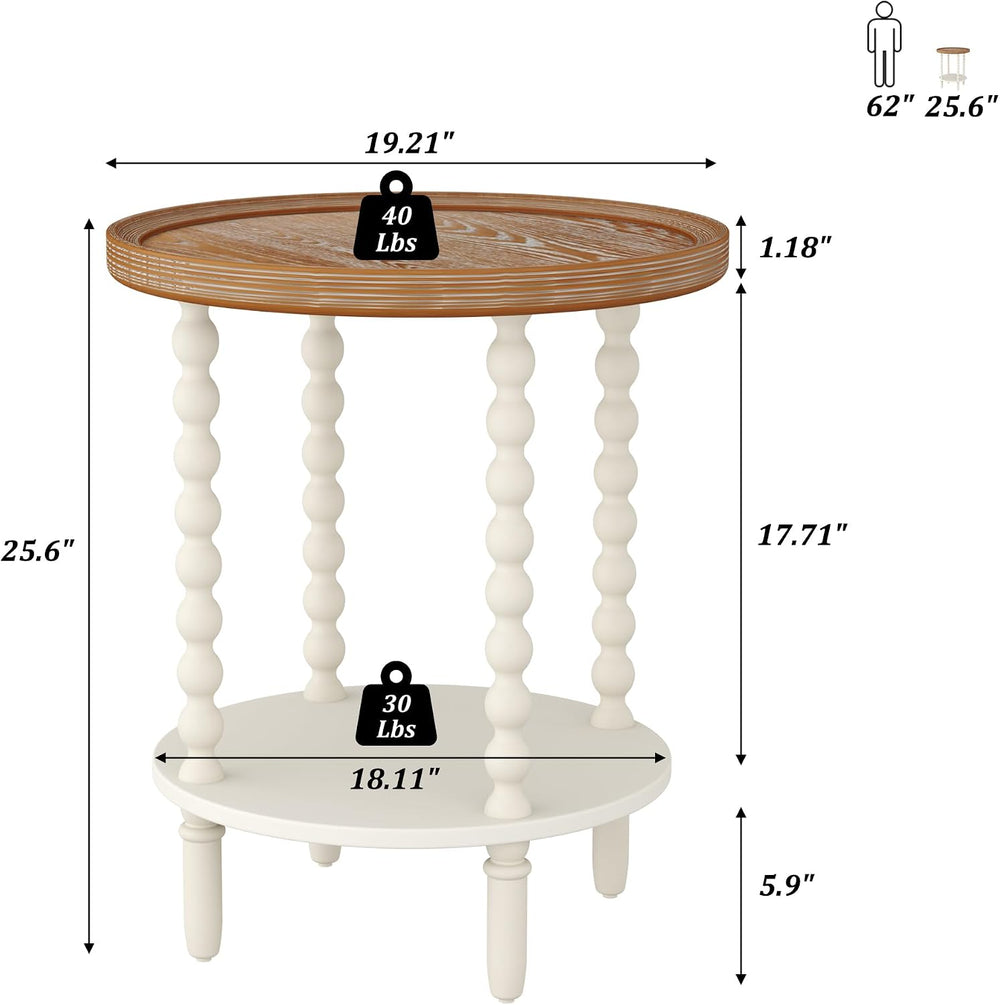 Function Home Round End Table, Farmhouse Side Table with Storage Shelf, 2 Tie...