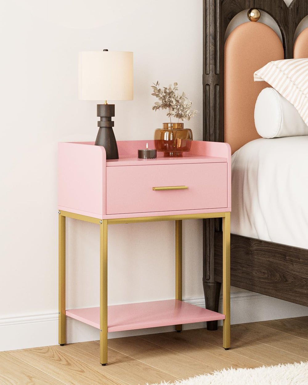 Nightstand, Modern Bedside Table with Drawer and Legs,Pink and Gold Night Sta...