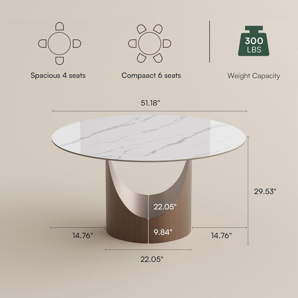 POVISON Round Dining Table for 4, 51" Glossy White Sintered Stone Top Di...