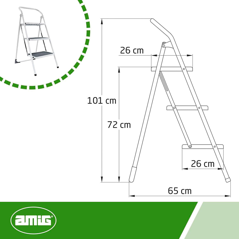 Amig - Folding Steel Stool - 3 Non-Slip Treads - Max Load 150 kg - Profession...