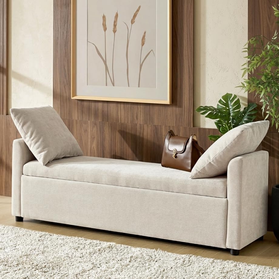 HULALA HOME 59" Storage Bench with 2 Throw Pillows, Modern Long Bedroom ...