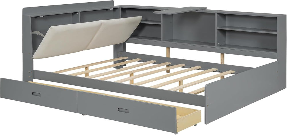 Peanu Full Bed Frame, Storage Headboard, Gray Upholstered Wood