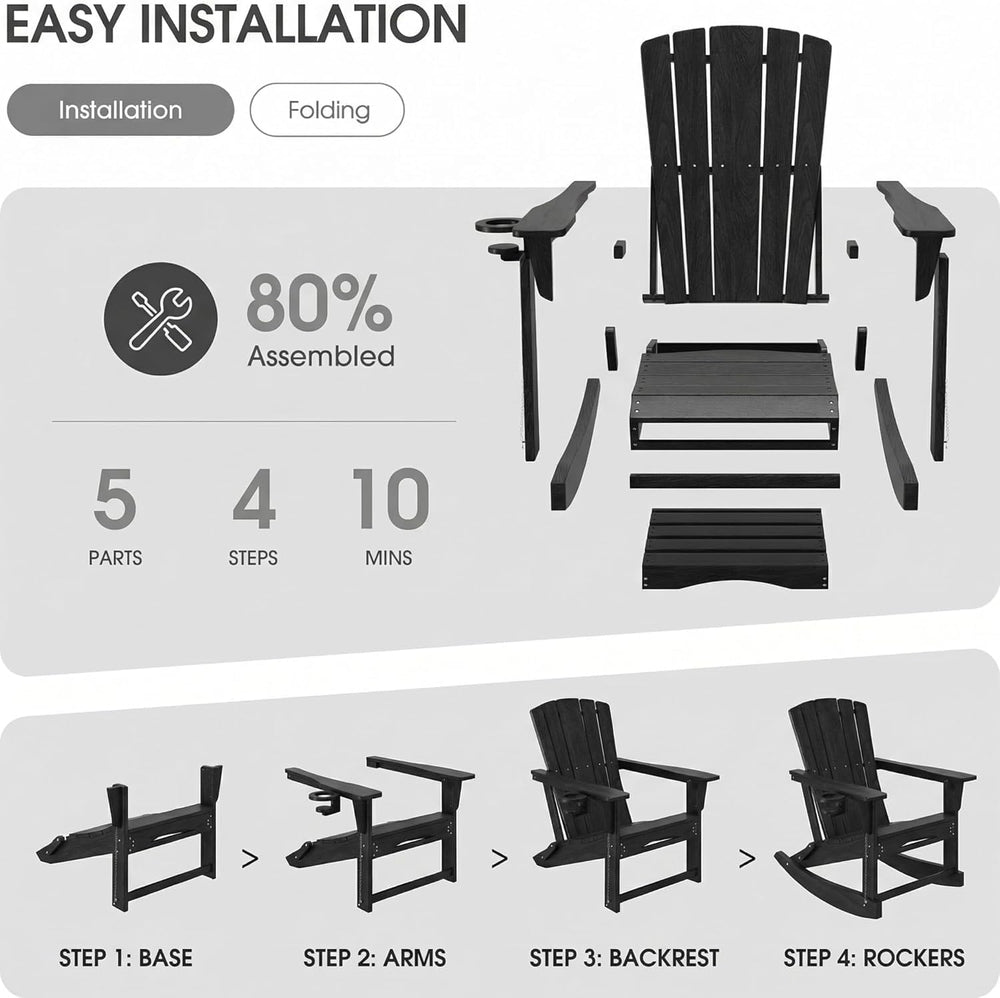 Adirondack Rocking Chair with Retractable Ottoman Set of 2,Outdoor Folding Ad...