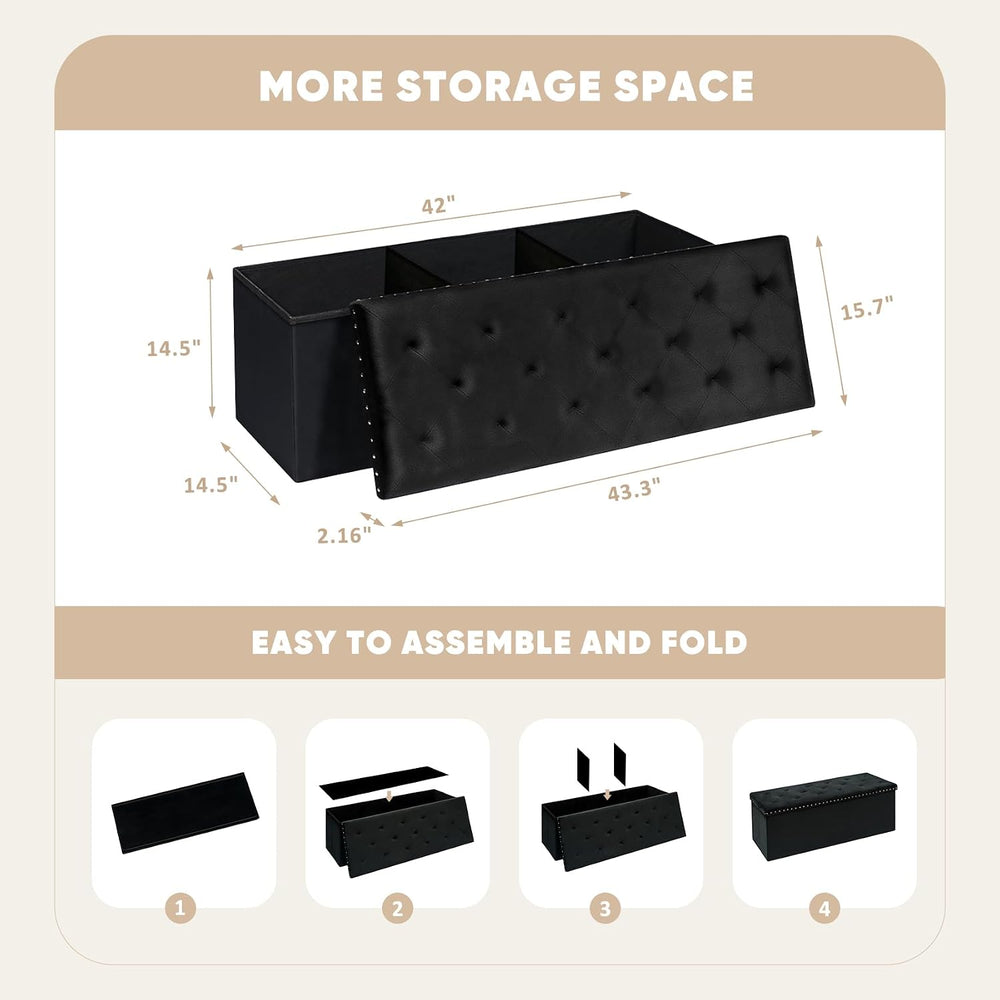 PINPLUS Folding Storage Ottoman Bench, Black Velvet | Large Storage Chest wit...