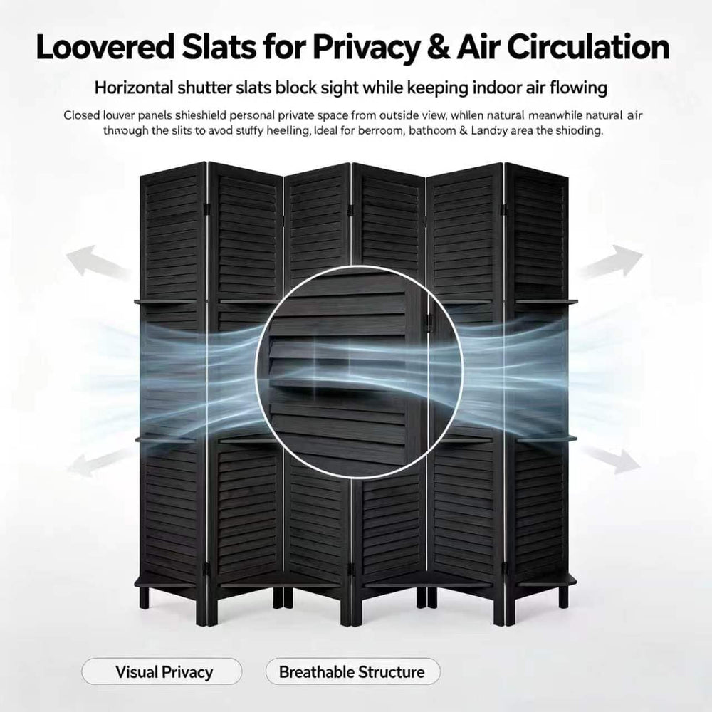 6 Panel Room Divider with Shelves,67" H Tall Folding Privacy Screen,Black