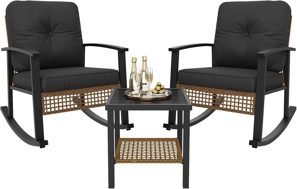 Aoxun 3 Piece Outdoor Rocking Chairs Bistro Set, Rattan Patio Furniture with ...