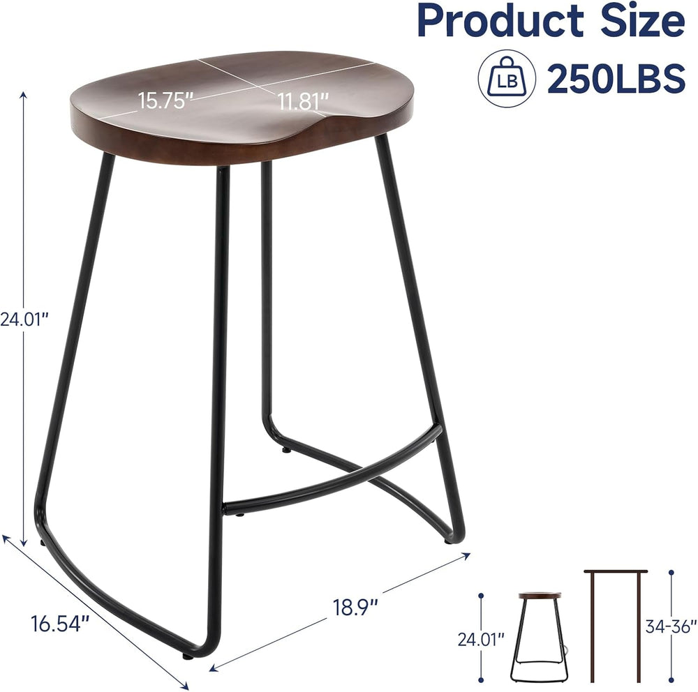 Bar Stools Set of 2, 24'' Counter Height Rustic Wooden Saddle Seat Wa...