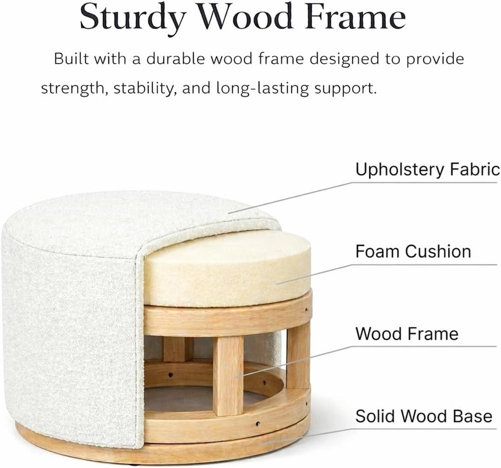 Spatial Order 22" Round Ottoman with Wooden Base - Cream Textural Fabric