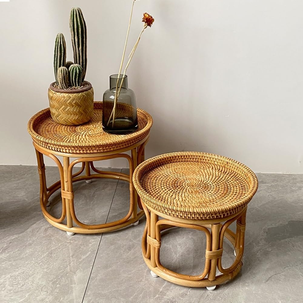 Bohemian Rattan Side Table, Round Wicker Accent Table, Small Bamboo End Table...