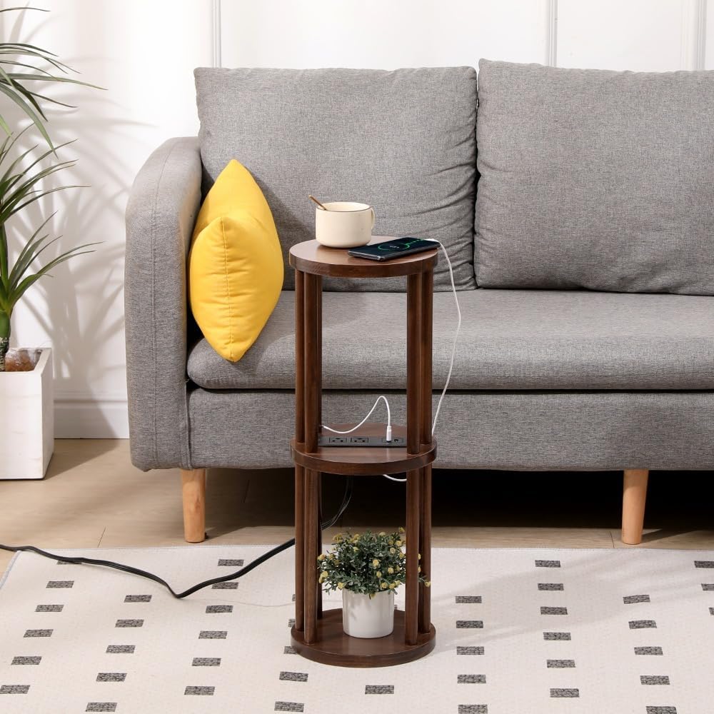 9 x25 Fully Assembled Walnut Wood Round Drink Table with Charging Station, Mi...