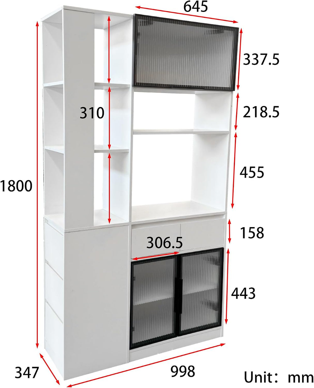 Modern 70.87" Tall Storage Cabinet with 5 Drawers, Glass Doors and Displ...