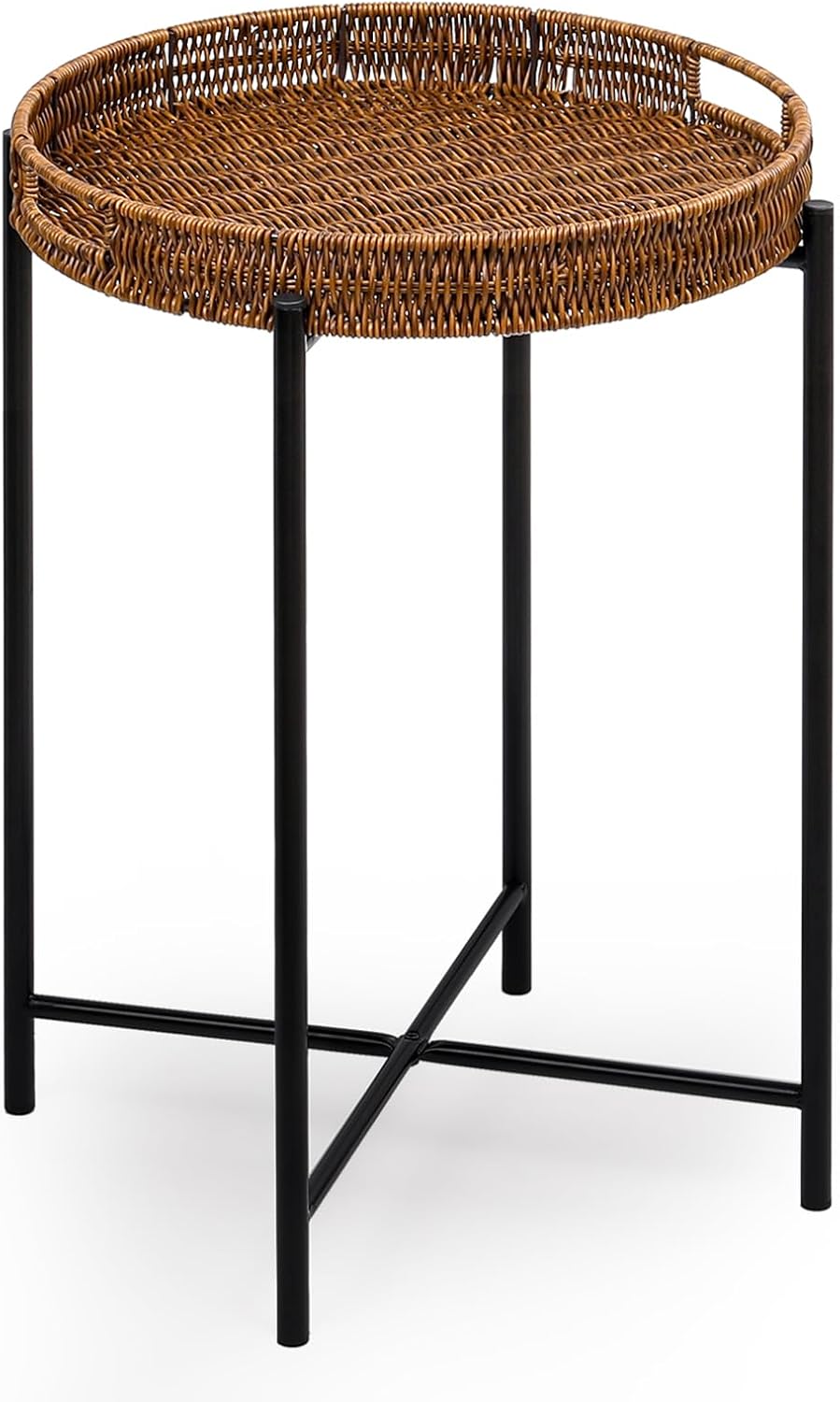 DINGTAI Small Wicker Round End Table, 16.5 in Rattan End Tables with Removabl...