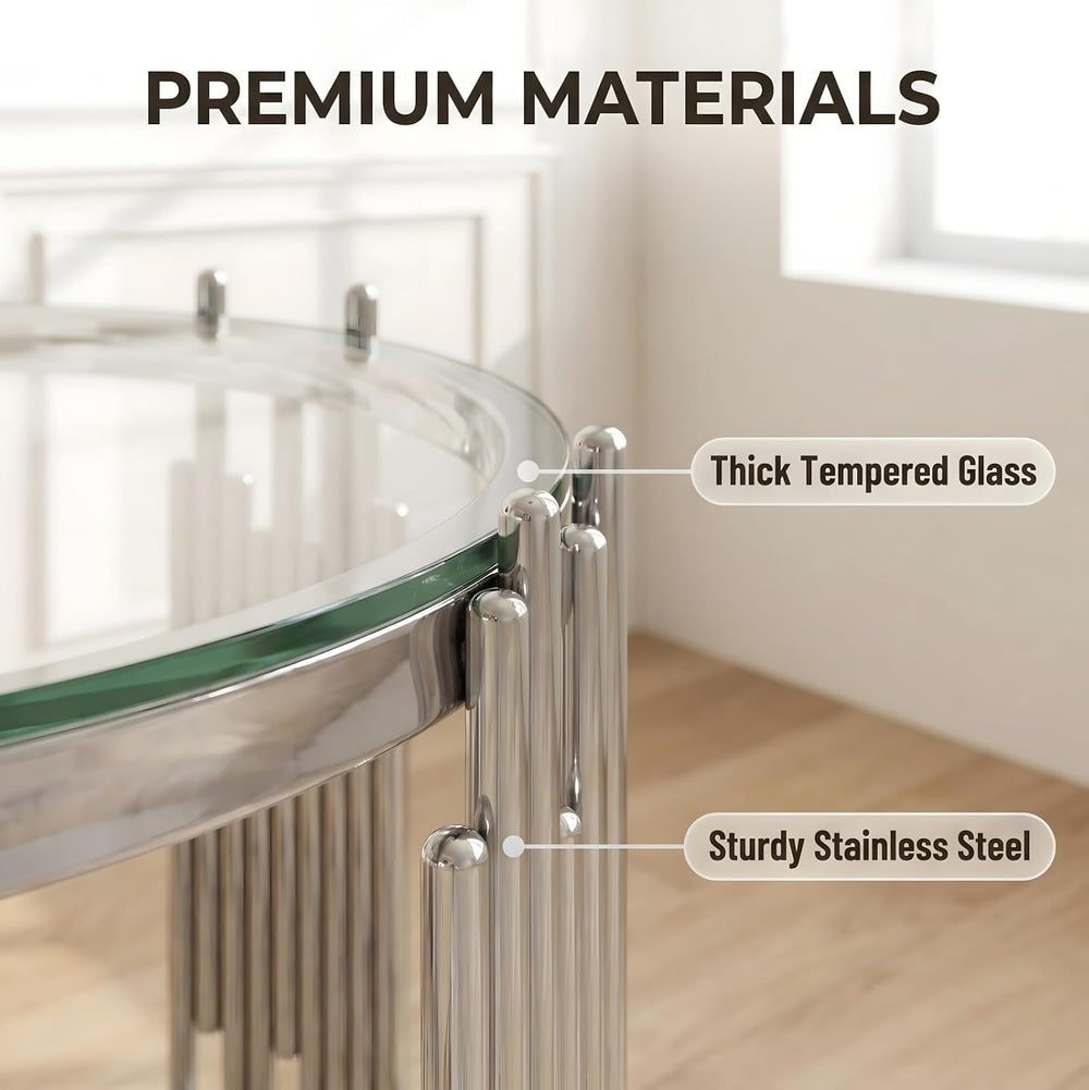19.7" Luxury Round Silver End Table with 2-Tier Clear Tempered Glass She...