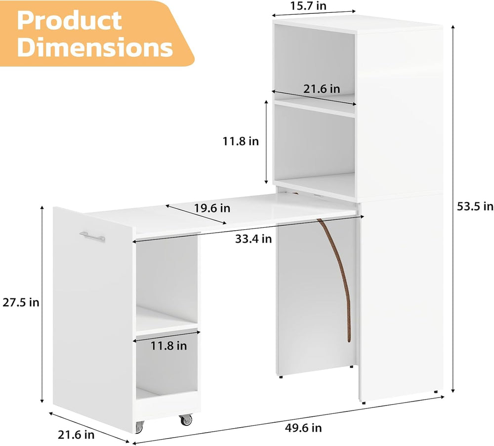 Zevemomo Folding Desk, Convertible Table with Shelves & Wheels - White