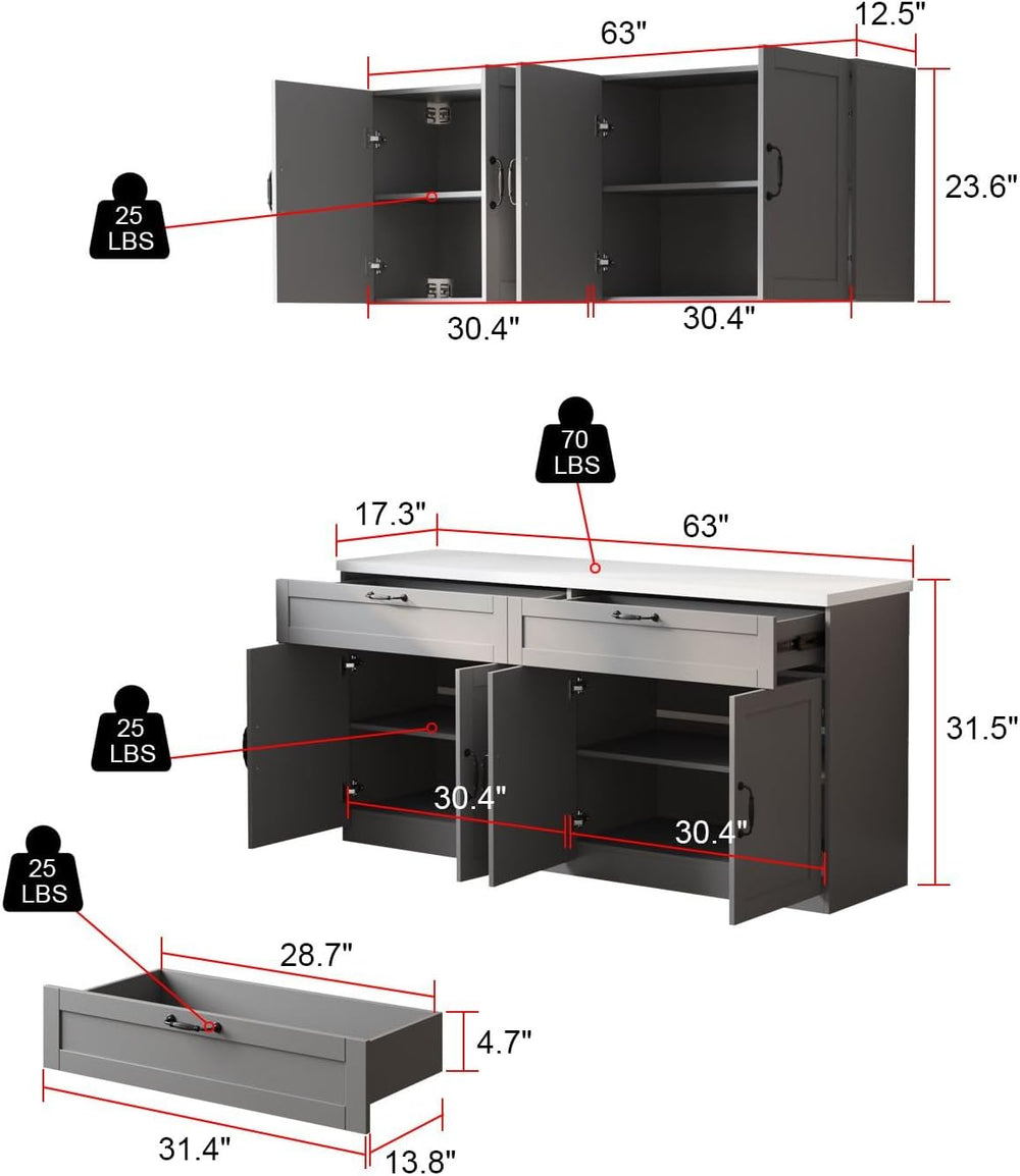 63" Kitchen Cabinet Set with Wall Mounted Cupboard and Buffet Sideboard,...