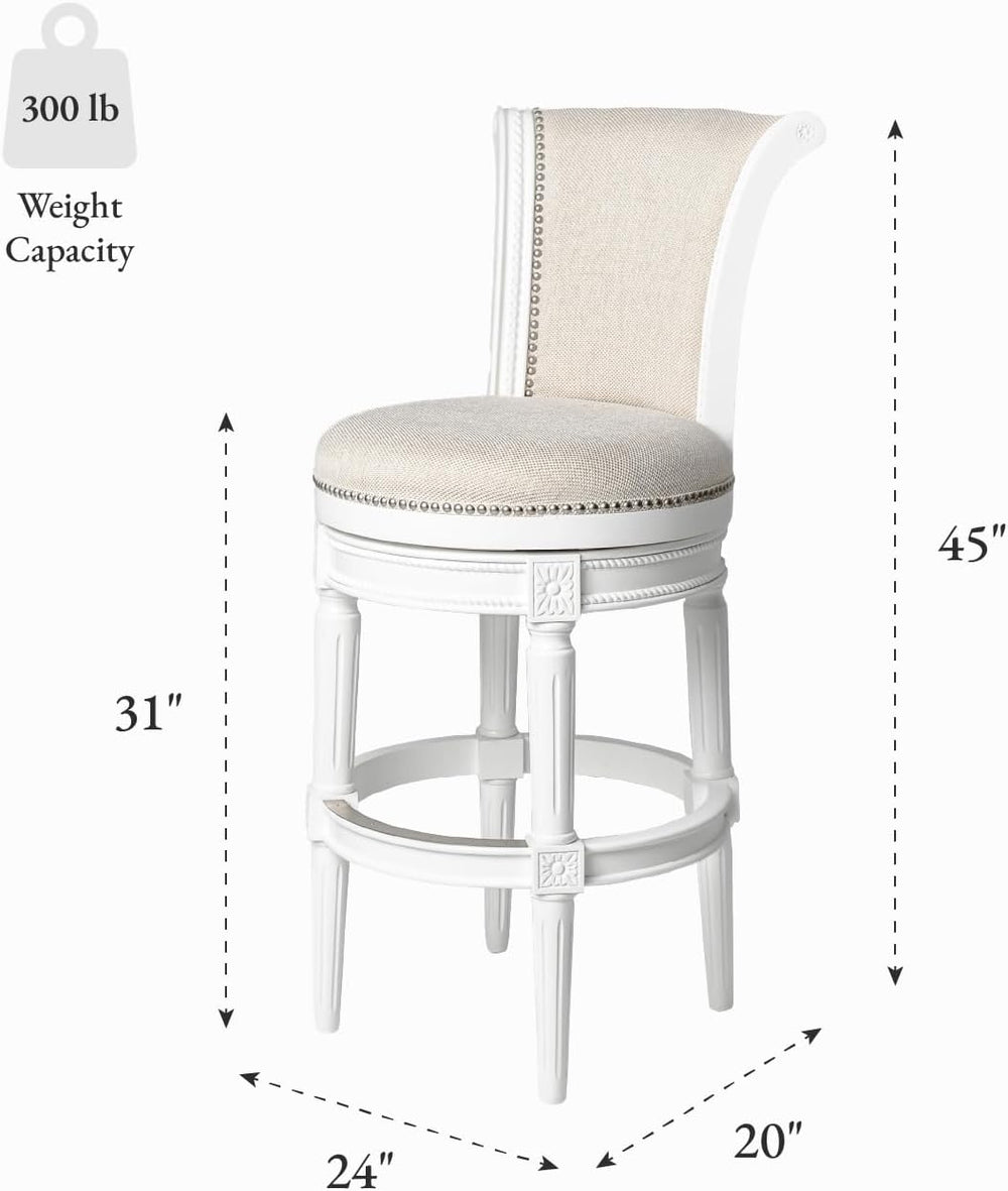 Maven Lane Pullman Bar Stool, White, Cream Fabric, 31", Set of 2