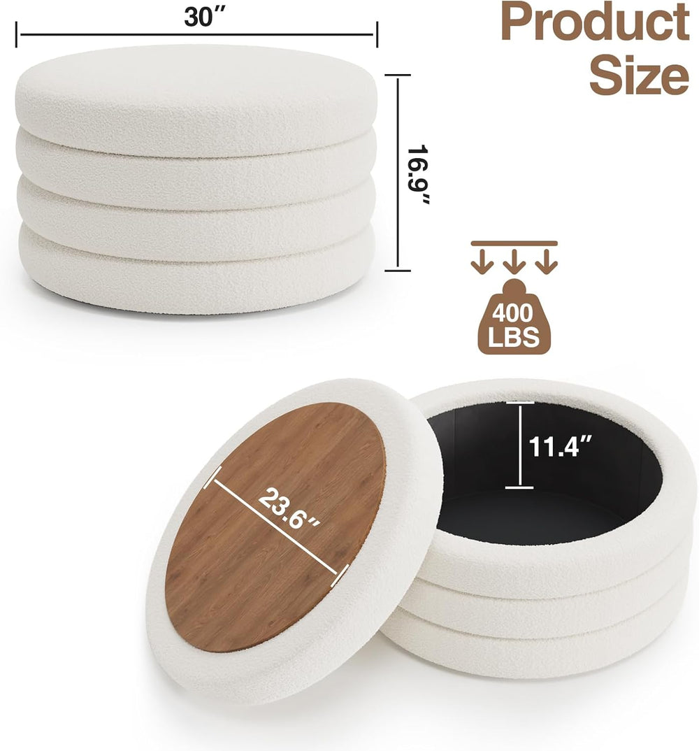 FiveWillowise 30 Inch Round Ottoman with Storage,Large Sherpa Coffee Table | ...