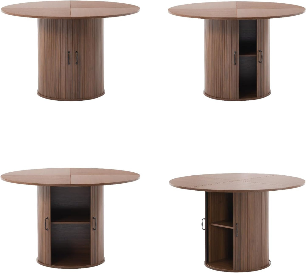 Round Dining Table with Storage Cabinet, Wood Kitchen Table with Double Doors...