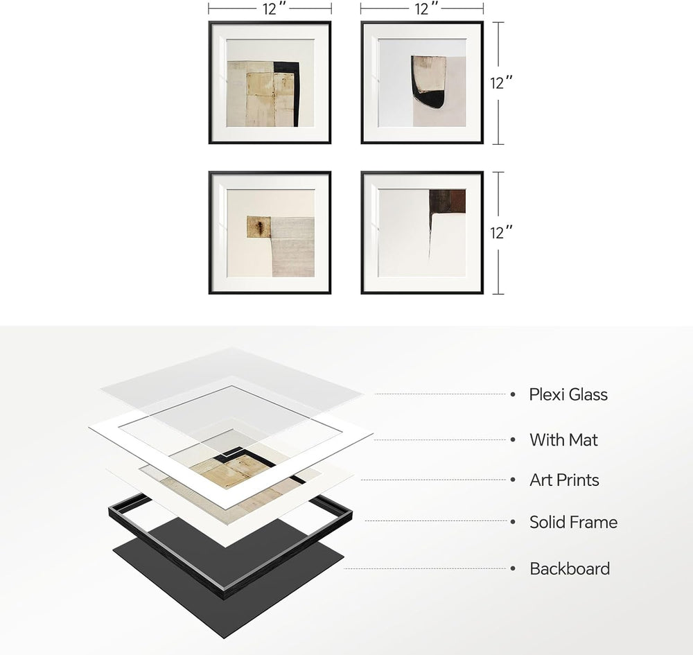4 Piece Framed Neutral Abstract Modern Wall Art for Living Room, 12x12 In