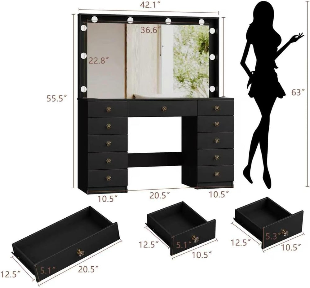 Vanity with Large Mirror and 10 LED Lights, Vanity Desk with Glasss Top, Make...