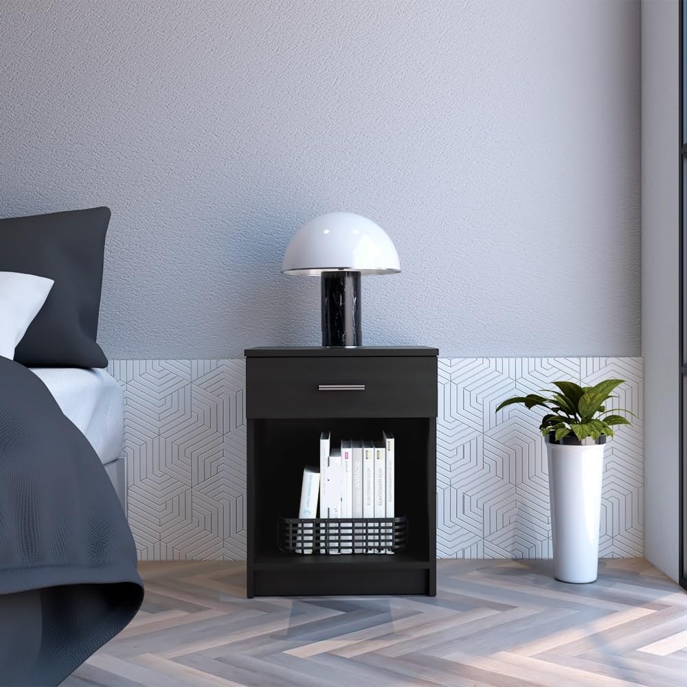 Nightstand 21" H, One Drawer, Low Shelf, Superior Top, Black,for Small S...