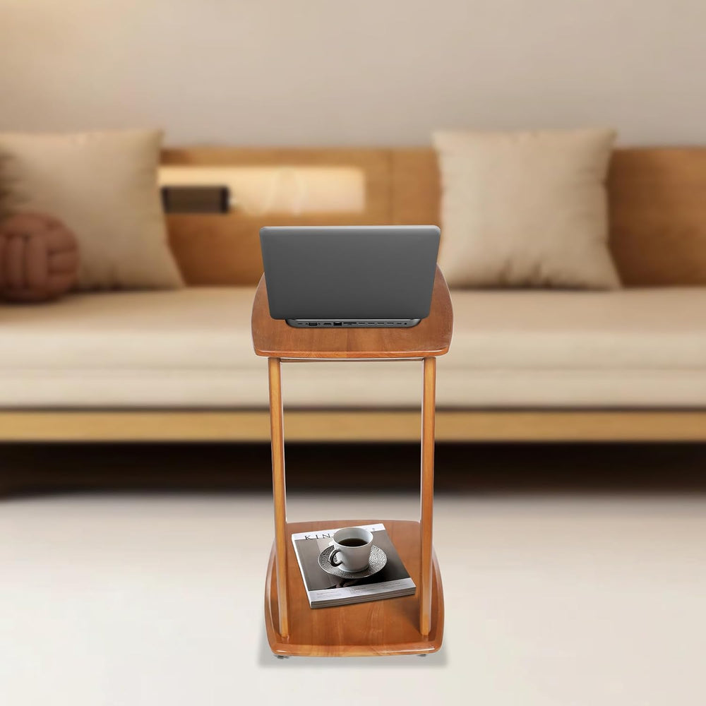 C Shaped Side Table for Couch, Solid Wood End Table with Rolling Wheels, Sofa...
