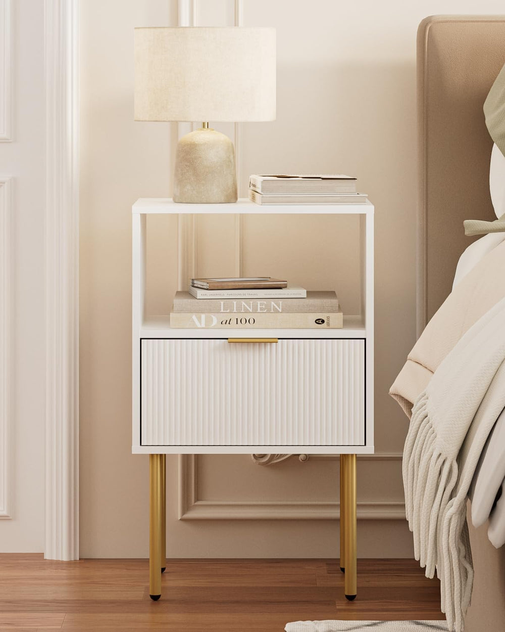 Masupu Night Stand, Mid-Century Bedside Table with Storage Drawer and Open Wo...