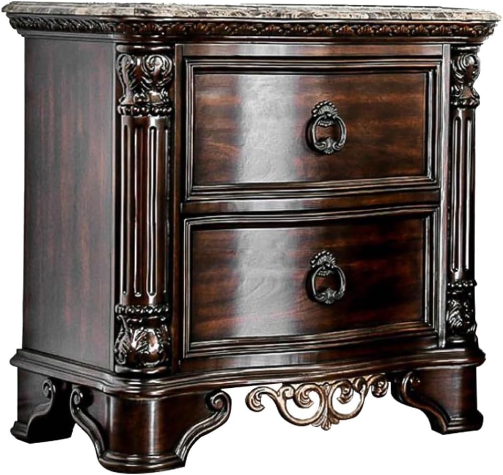 Genuine Marble Top Nightstand with 2 Drawers, Brown Cherry,for Small Spaces