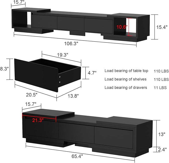 Expandable TV Stand Media Console Table, Modern Entertainment Center with Thr...