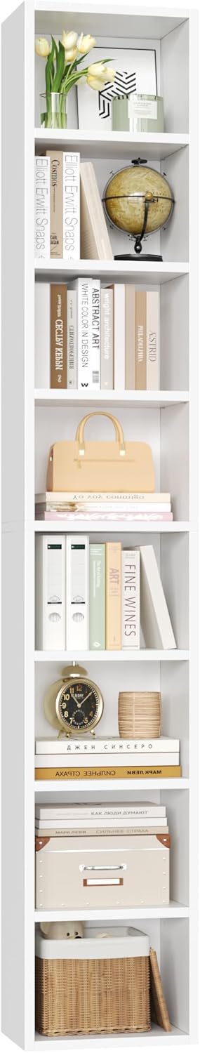 FOTOSOK White Bookshelf 8-Tier Narrow Bookshelf, 11.6 X 9.3 X 70.9 Tall CD DV...