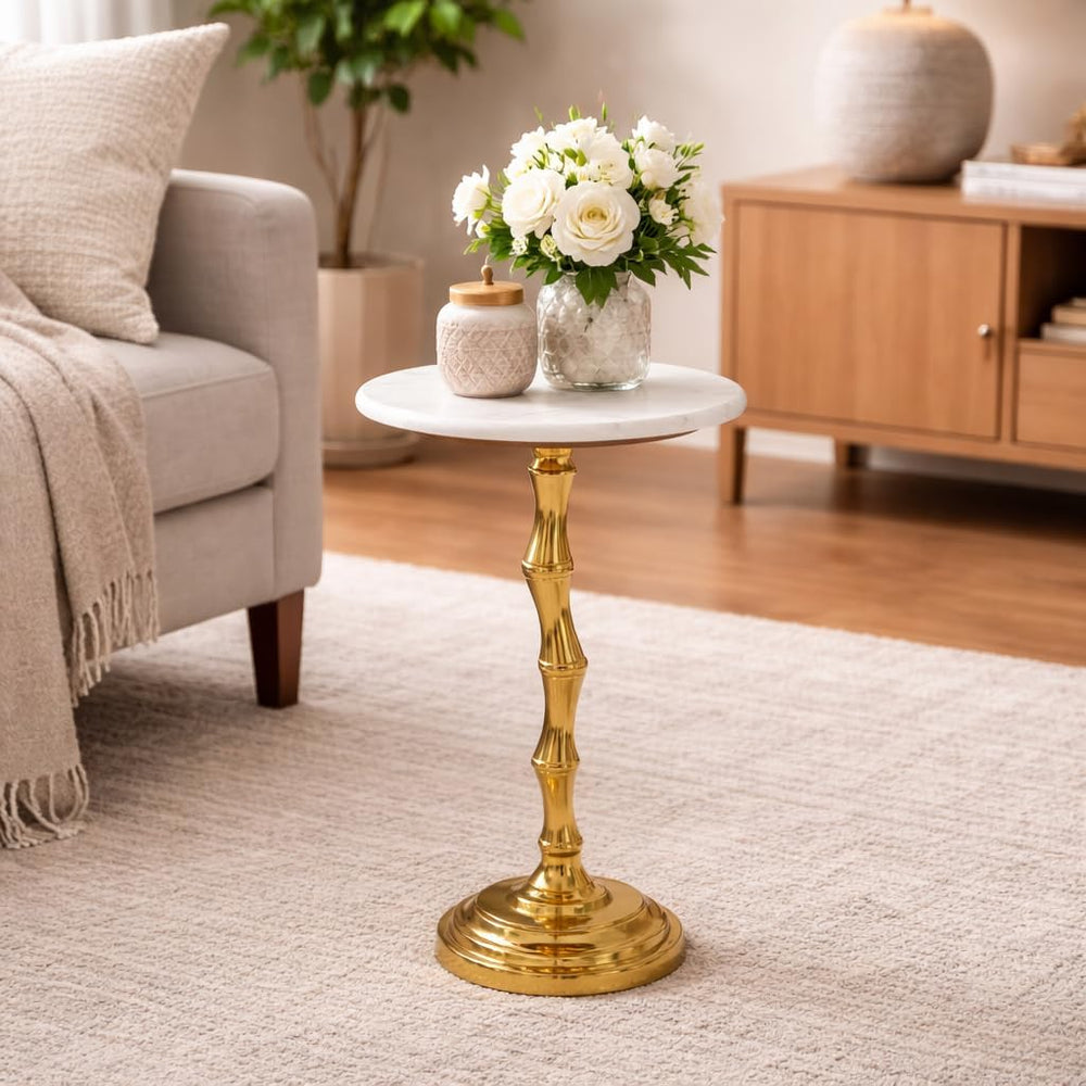 Gold Side Table with White Marble Top | Decorative Modern End Table | Bamboo ...