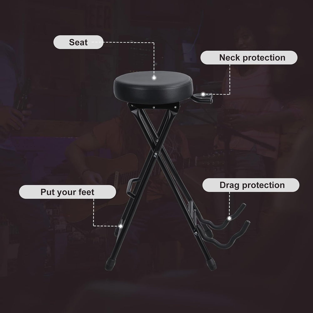 Guitar Stool, Foldable Padded Seat with Built-in Stand & Footrest, Retrac...