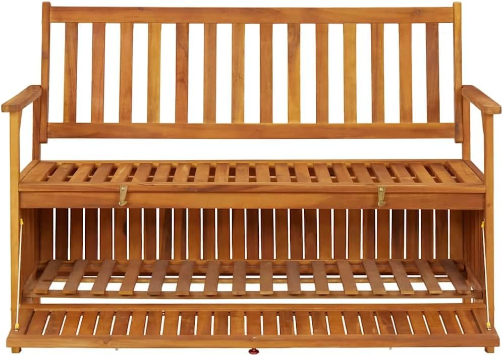 Patio Storage Bench 47.2" Solid Acacia Wood Outdoor Bench Seat with Armr...