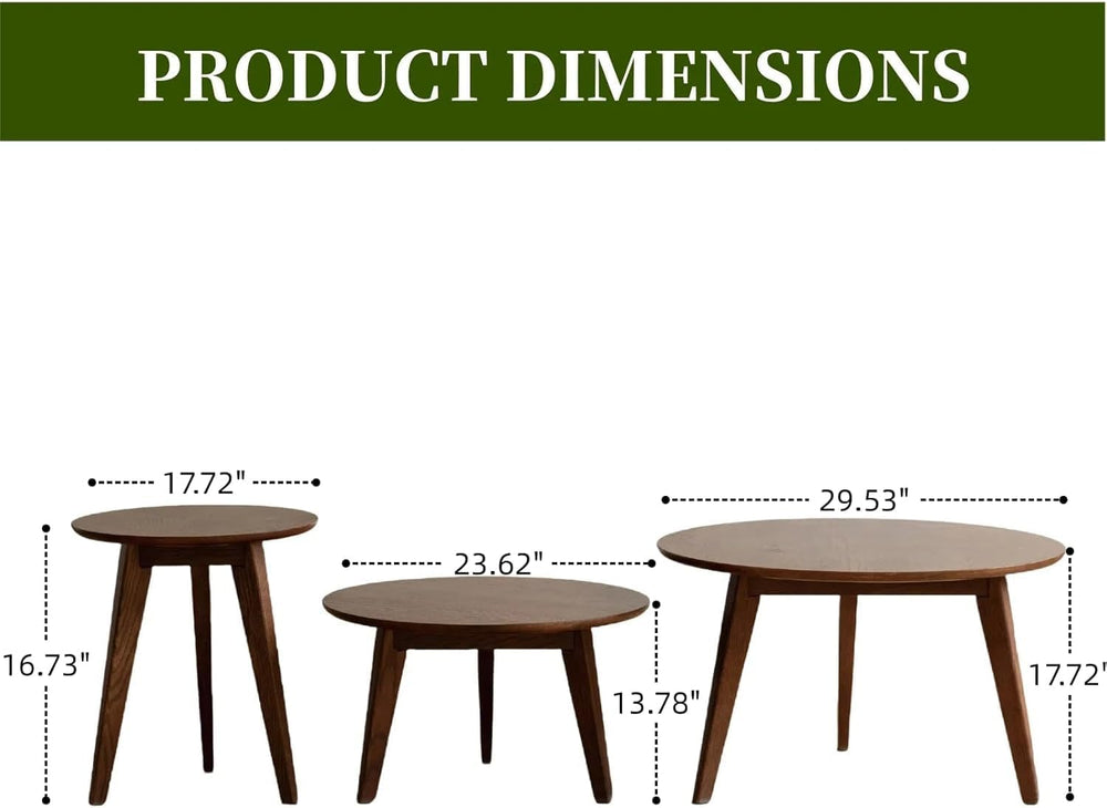 100% Solid Oak Wood Coffee Table Set, Round Coffee Table Combo Side Table w/S...