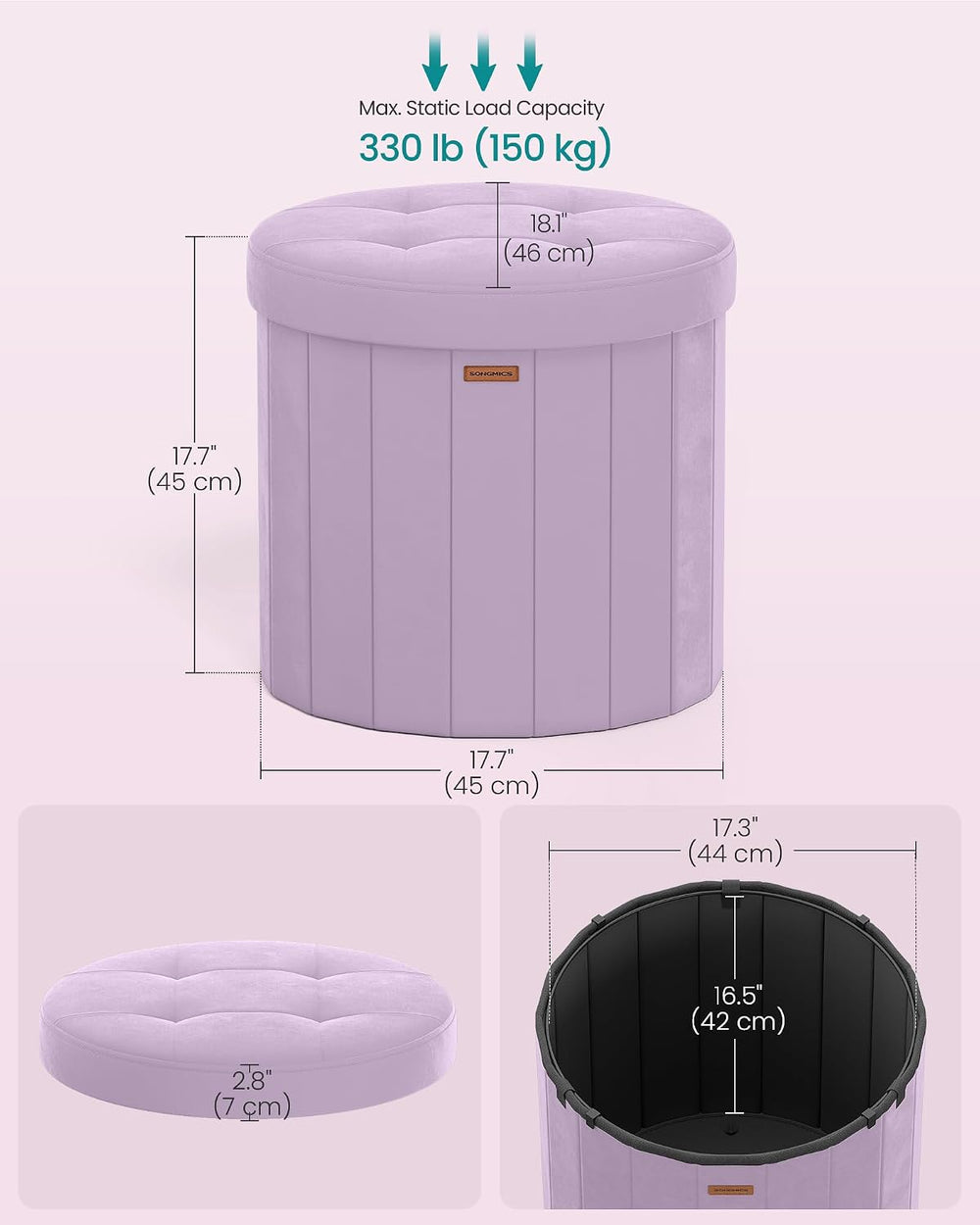 SONGMICS Mazie Collection - Round Storage Ottoman, Folding Footrest Stool wit...