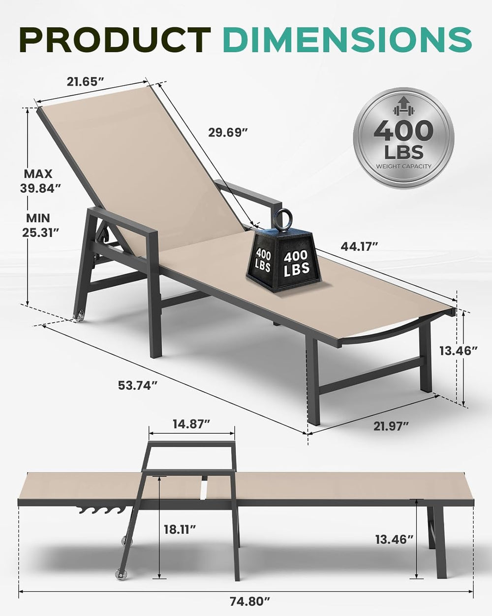 Vexwalx Patio Chaise Lounge Chair Outdoor with Wheels&Armrests, Aluminum ...